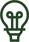 Simple dark green outline illustration of a light bulb with two filament loops inside, on a plain light background.