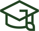 A simple dark green outline of a graduation cap with a tassel, depicted in a minimalist, graphic style on a light background.