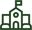 Simple green outline icon of a school building with a central door, windows, and a flag on top.
