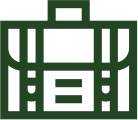 Green outline icon of a briefcase with a handle on top and two buckles on the front, viewed from the front against a light background.