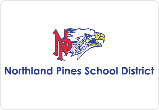 Logo of Northland Pines School District featuring a stylized eagle head in blue and yellow next to red interlocking letters NP, with the district name in blue text below.