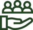 A green icon showing an open hand beneath three human figures, symbolizing support, care, or community assistance.