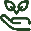 A dark green outline of an open hand supporting two leaves, symbolizing care for nature or environmental sustainability, on a light background.