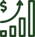 Dark green icon showing a dollar sign, an upward arrow, and four vertical bars of increasing height, representing financial growth, increasing profits, or business success.