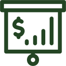 Icon of a presentation board displaying a dollar sign and a rising bar chart, symbolizing financial growth or business performance.