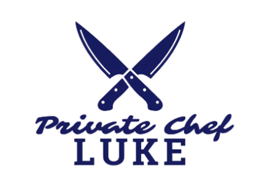 Logo featuring two crossed chef knives above the text Private Chef LUKE on a light background. The dark blue design reflects the elegance of a business of the year in private dining services.